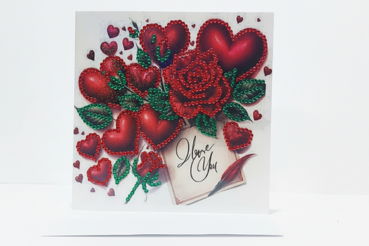 Hearts and Rose with "I love you" note Diamond Art Card