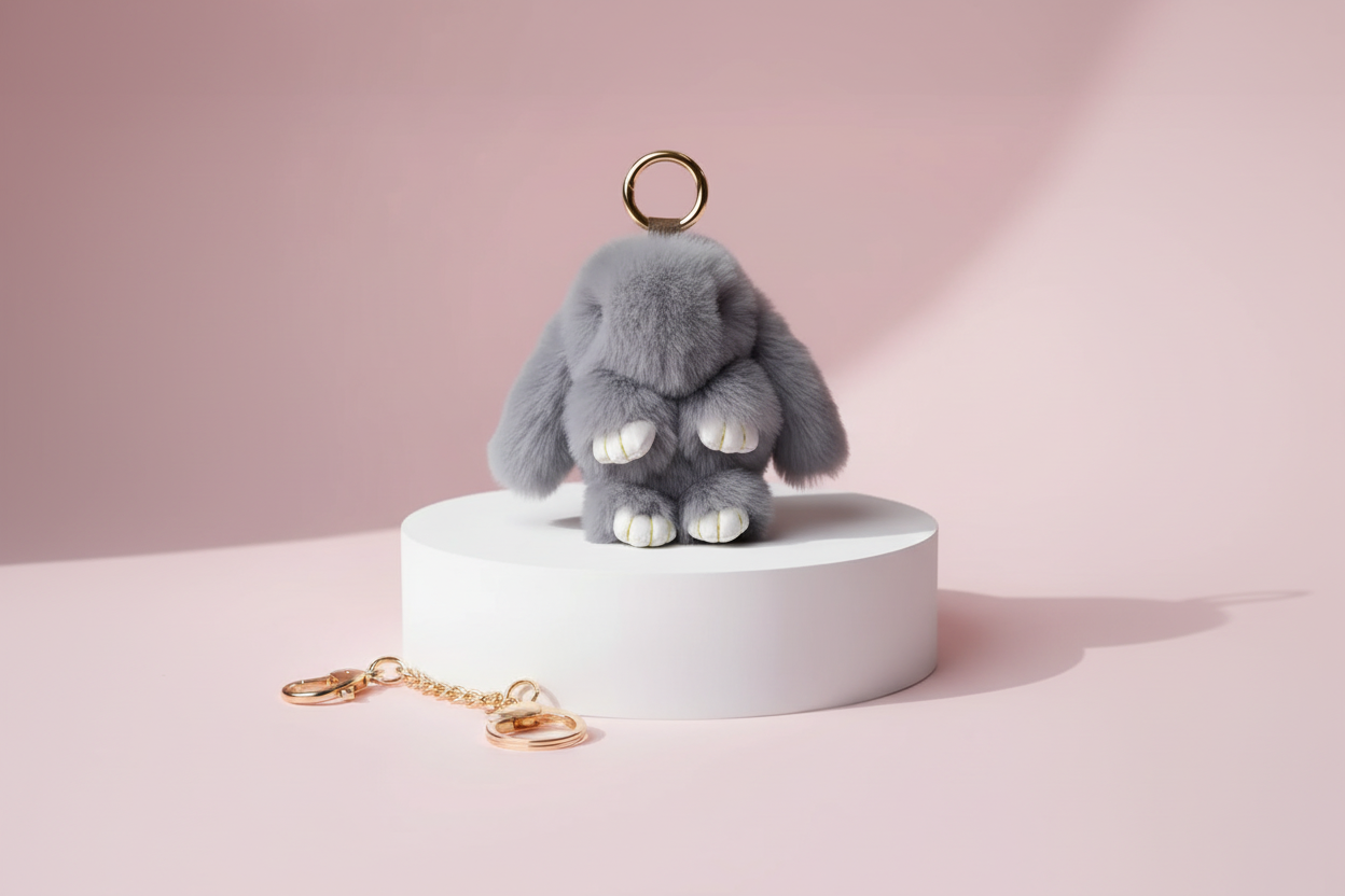 Mini Dark Grey Fluffy Bunny Rabbit Key Ring & Bag Charm