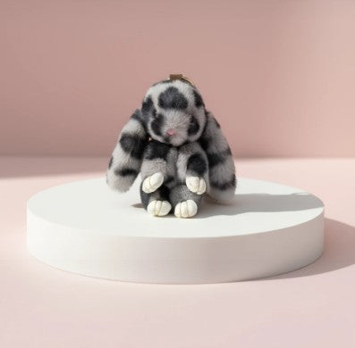 Fluffy Grey Leopard Print Bunny Rabbit Key Ring & Bag Charm
