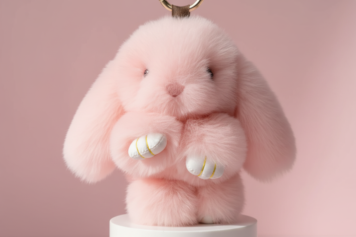 Mini Light Pink Fluffy Bunny Rabbit Key Ring & Bag Charm