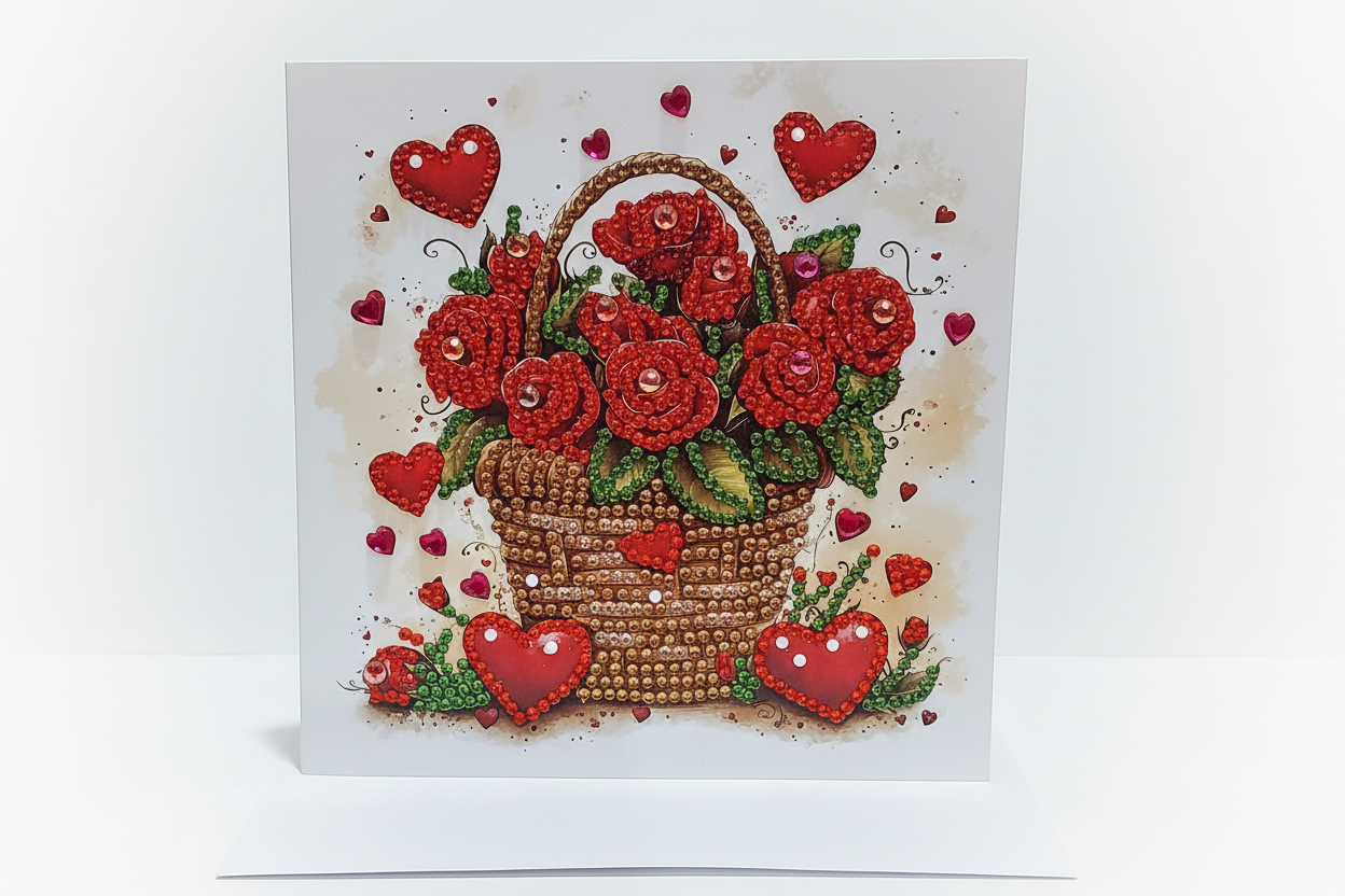 Red Roses in a Basket with Hearts Diamond Art Card