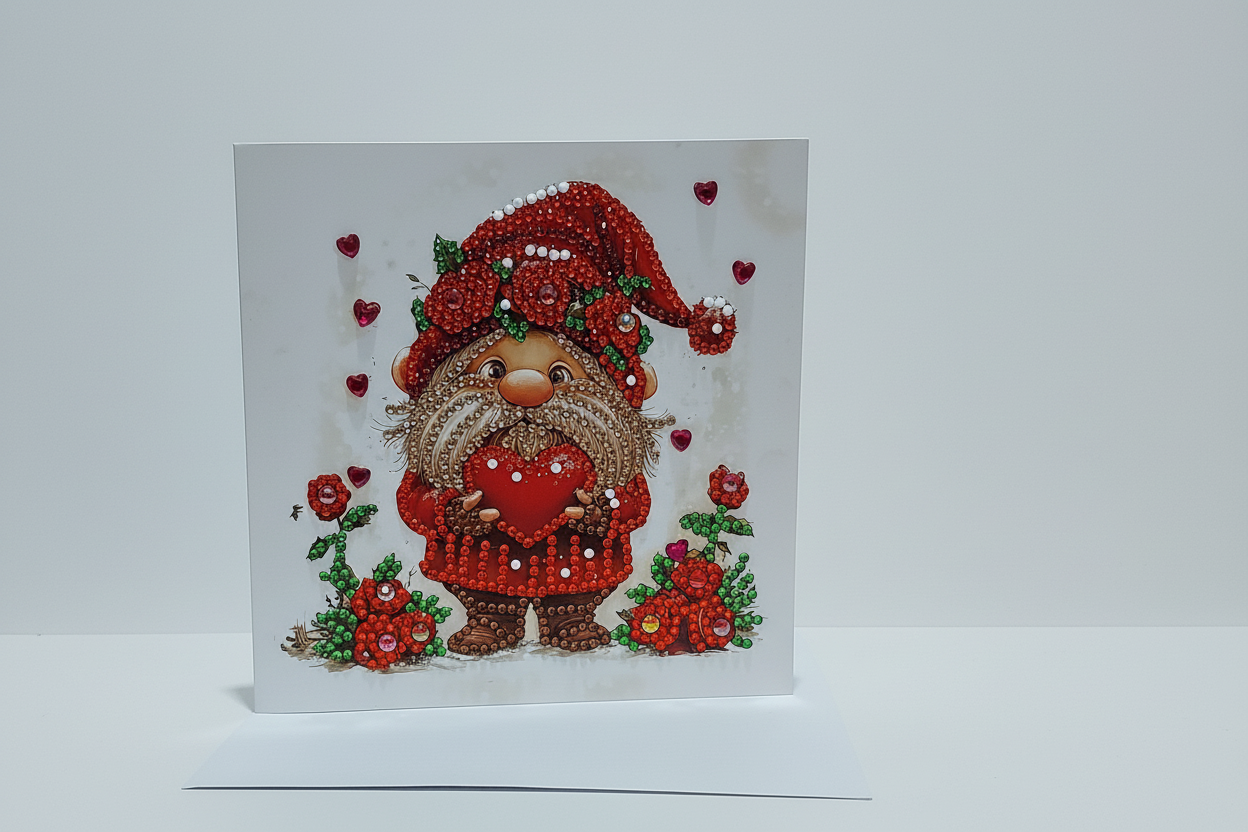 Red Hat Gnome holding a Red Heart Diamond Art Card