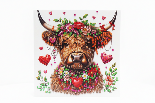 Highland Cow with 3 Red Hearts Diamond Art Card