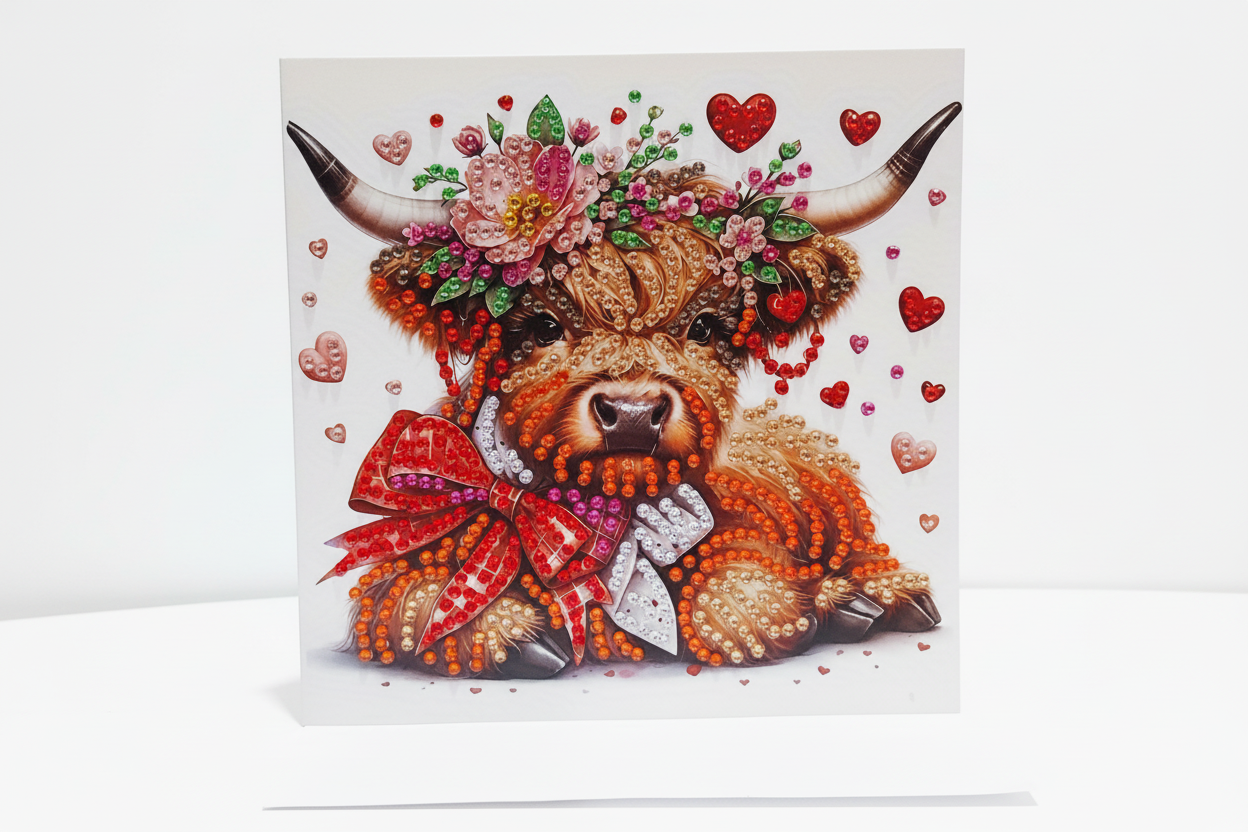 Highland Cow with Red Bow Diamond Art Card