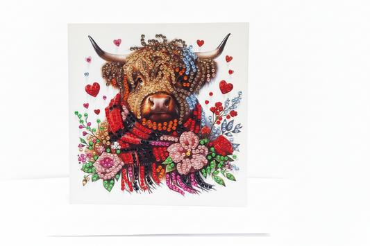 Highland Cow with a Red Scarf and Pink flowers Diamond Art Card