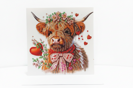Highland Cow with a Pink Bow and a Red Heart Diamond Art Card
