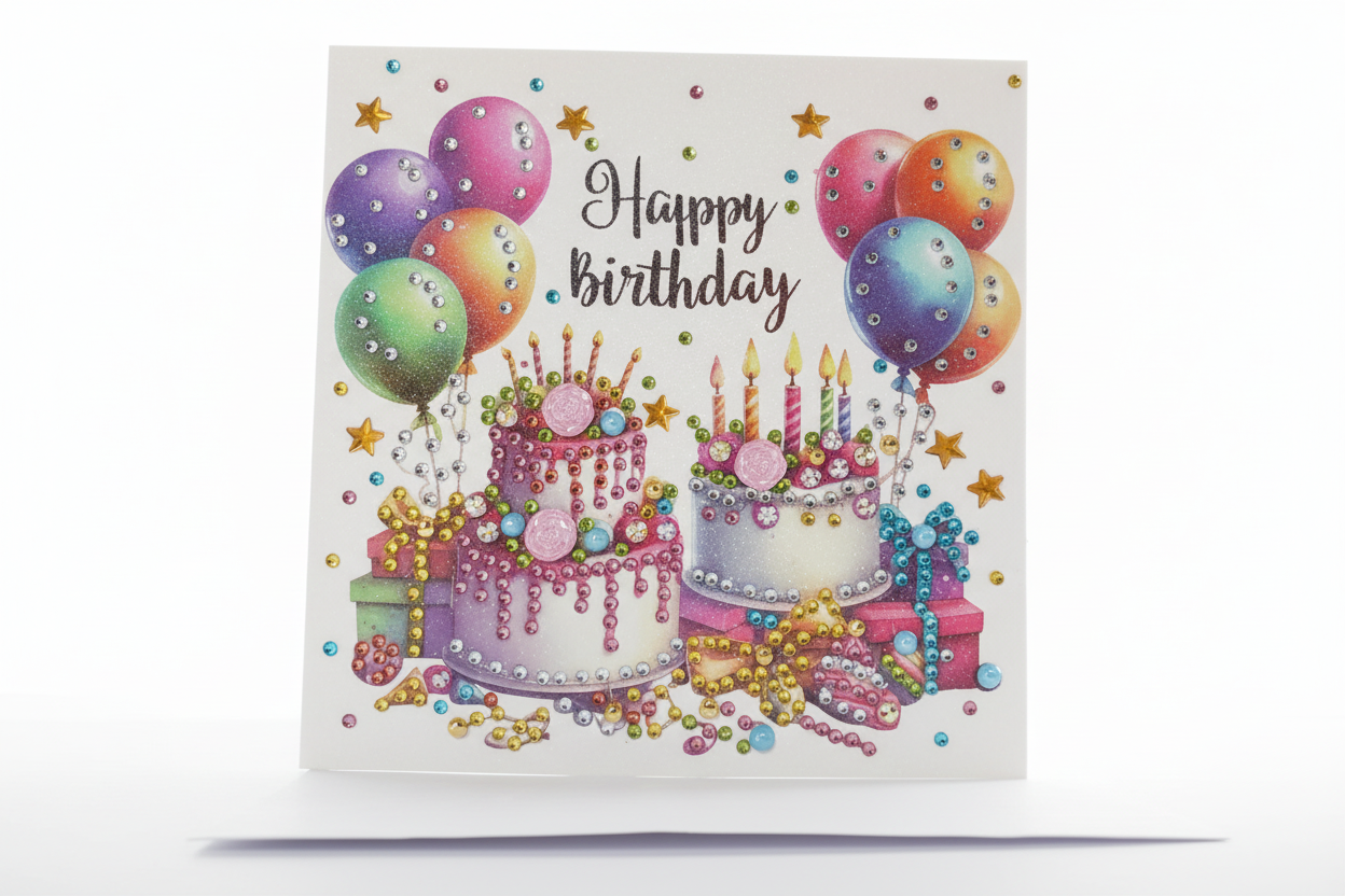 Happy Birthday Cakes & Balloons Handmade Completed 5D Sparkle Diamond Art Card