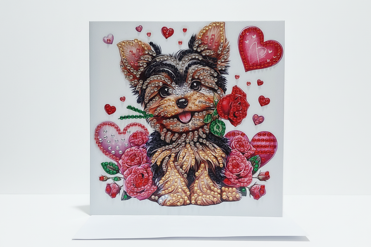 Puppy with a Rose in its Mouth Diamond Art Card