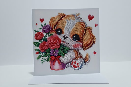 Gold Hair Puppy with Flowers Diamond Art Card