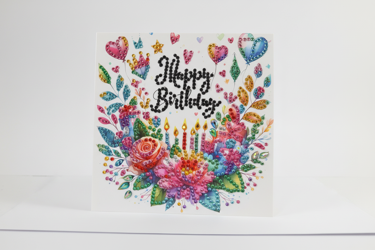 Hearts Sparkle with Flowers Luxury Diamond Art Card Happy Birthday