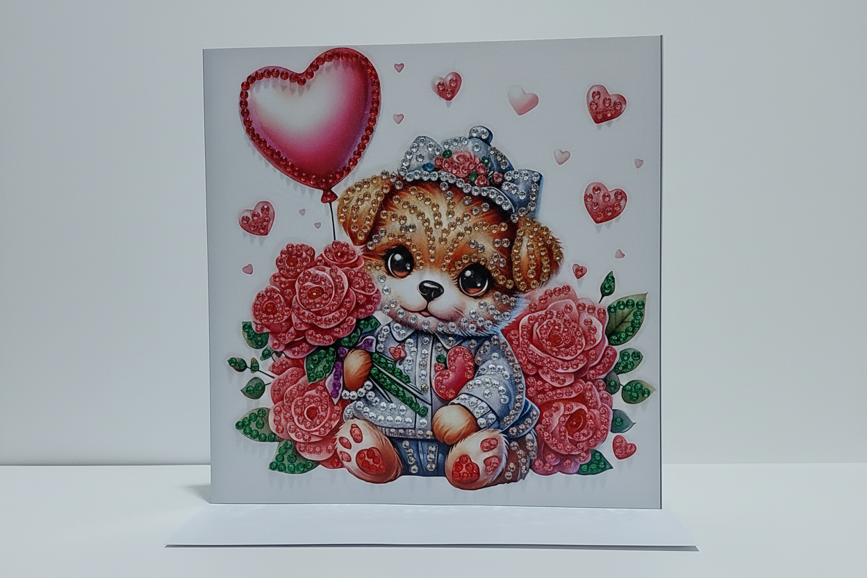 Cute Hatted Dog with Roses Diamond Art card