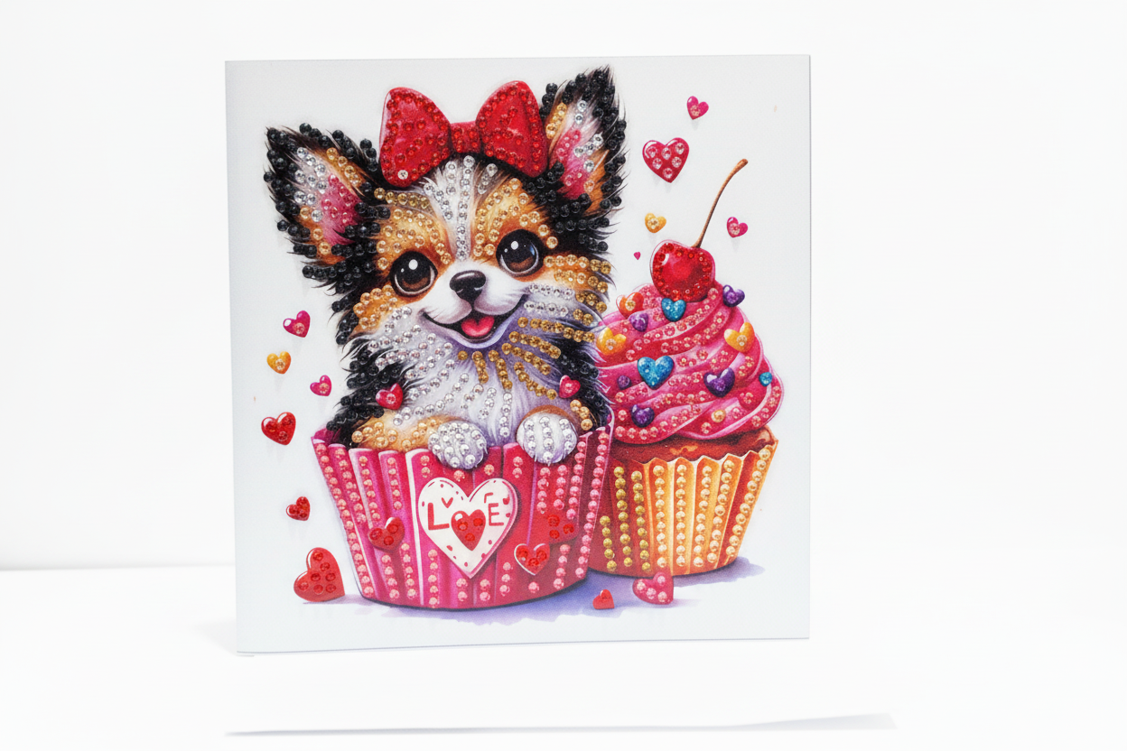 Small Dog with a Cupcake Diamond Art card