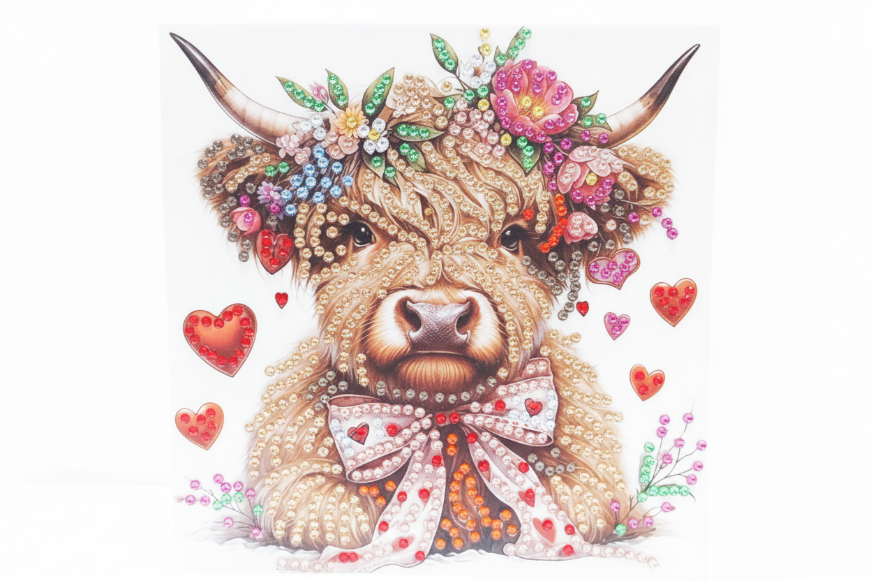 Highland Cow with Mini Hearts Bow Diamond Art Card