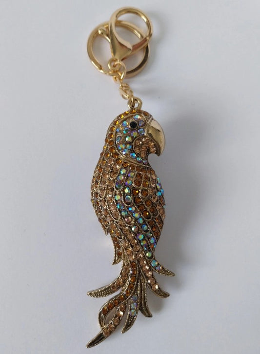 Rhinestone Diamante Gold Parrot Bag Charm, Ladies Handbag Keyrings Gift