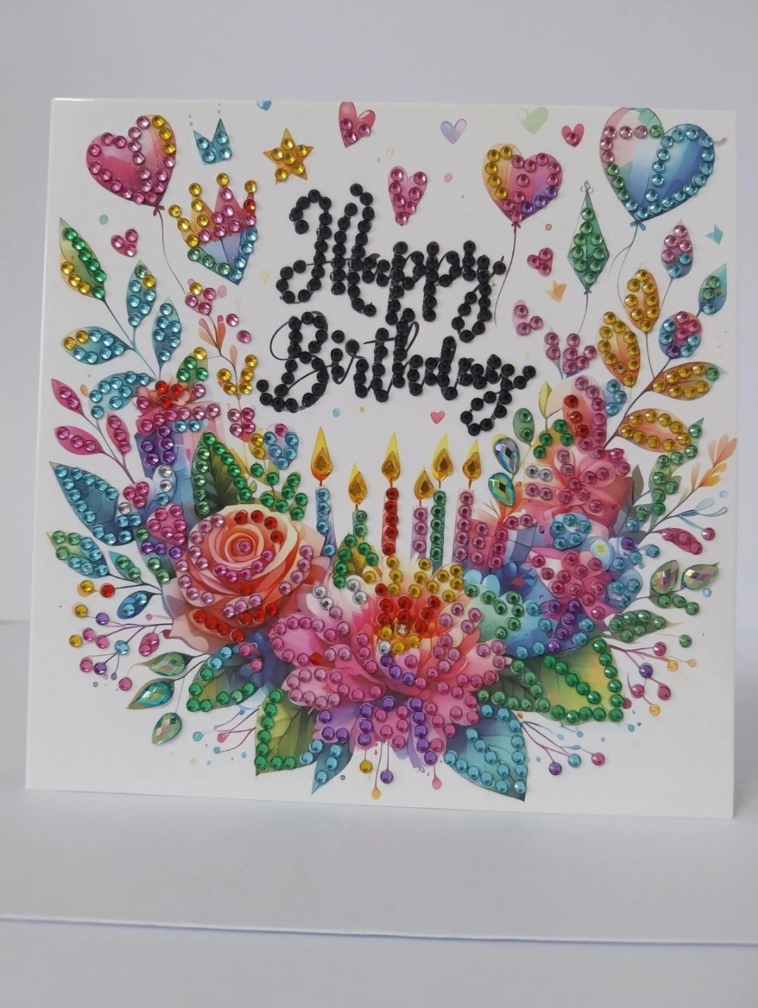 Hearts Sparkle with Flowers Luxury Diamond Art Card Happy Birthday