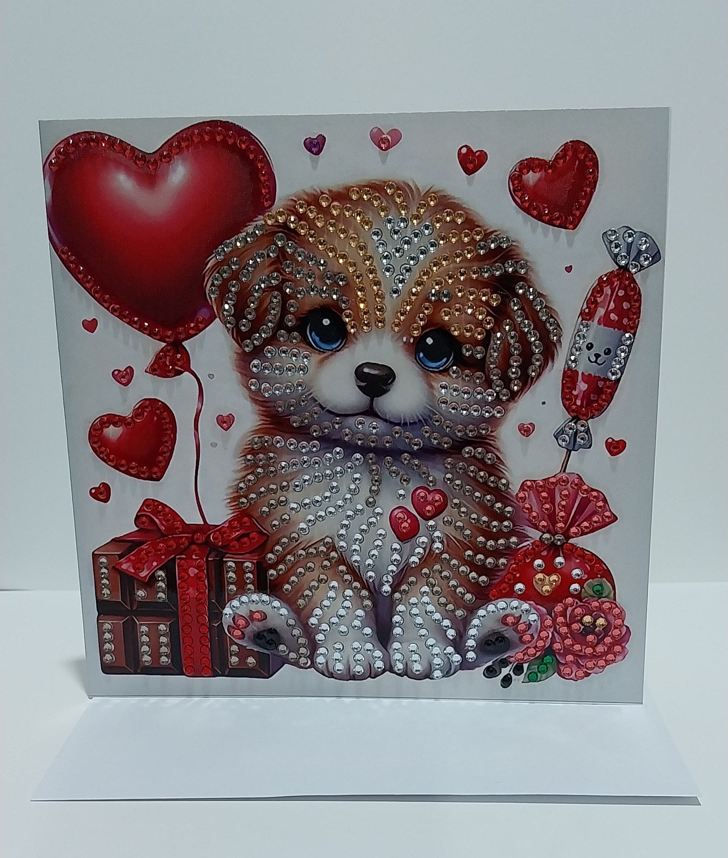 Cute Face Puppy with Gift Box and Heart Shape Balloon Diamond Art Card