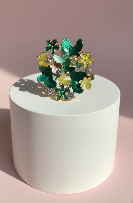 MAGNETIC BROOCH GREEN & YELLOW RHINESTONES