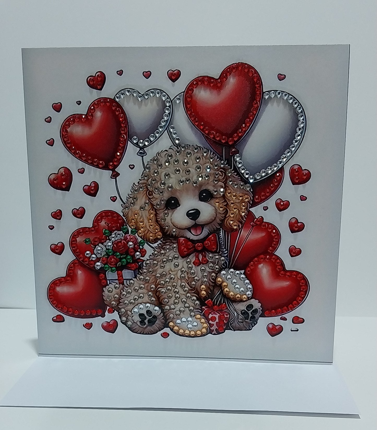 Long Earred Puppy with Heart Shaped Balloons Diamond Art card
