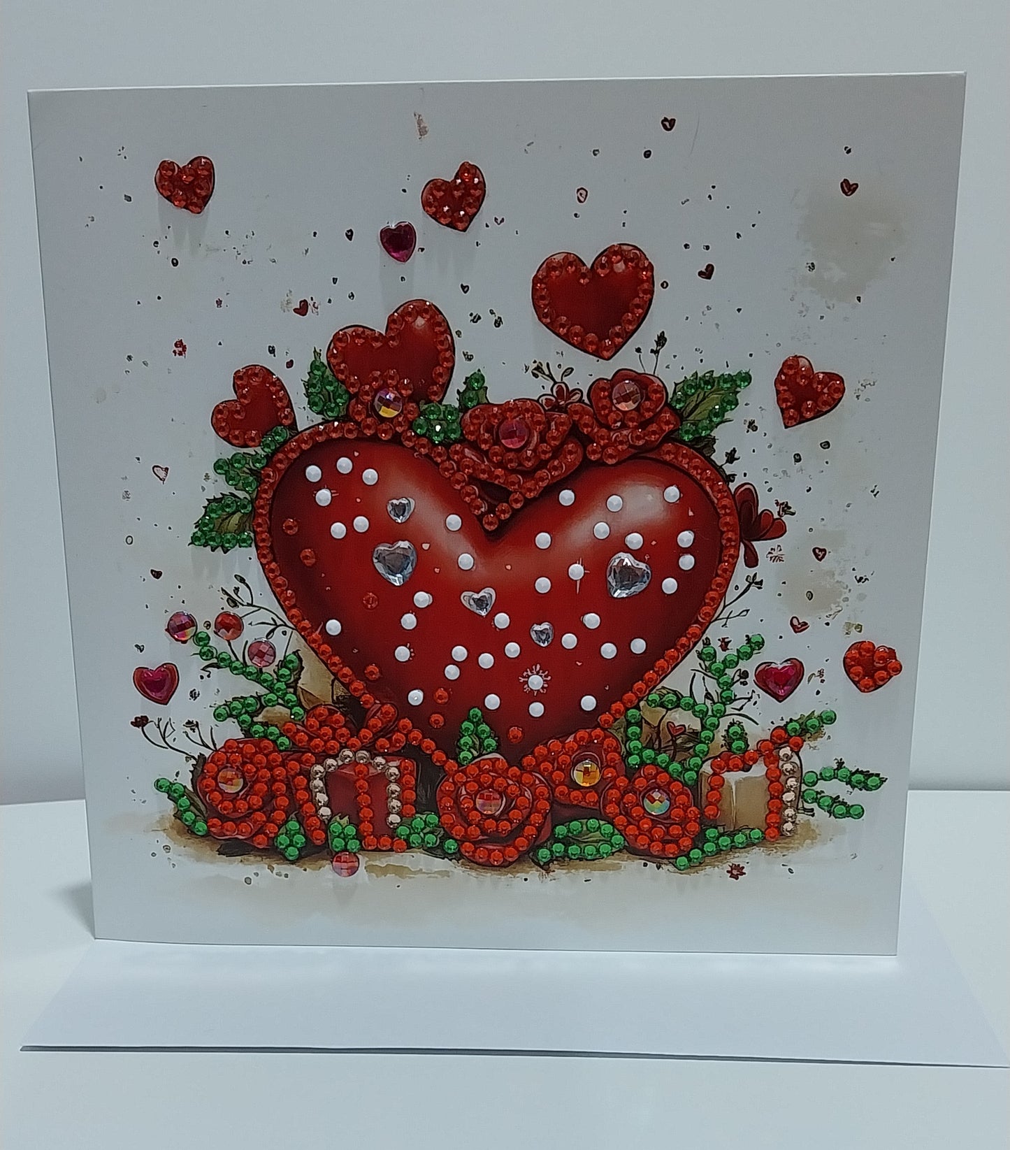 Big Red Heart with Red Roses around it Diamond Art Card