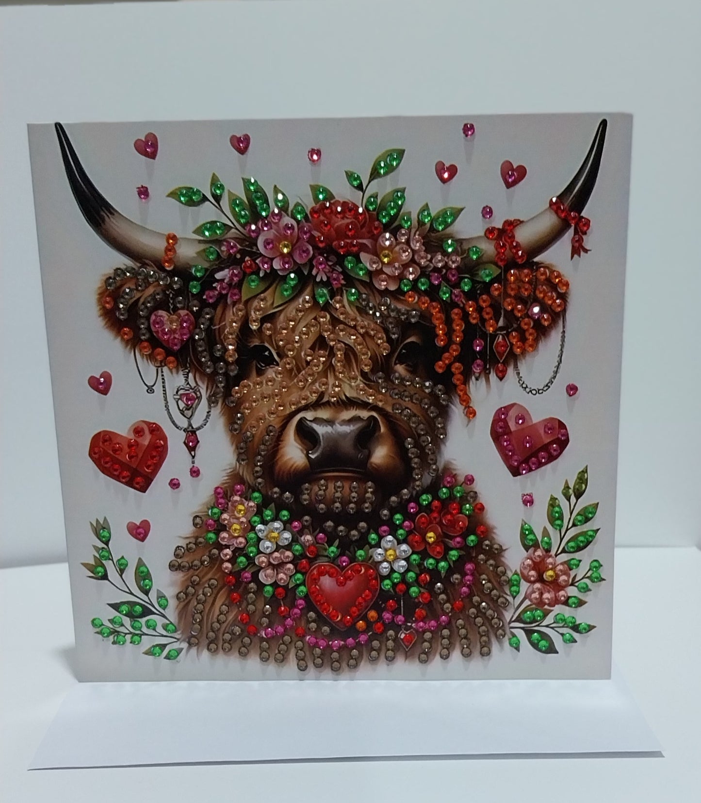 Highland Cow with 3 Red Hearts Diamond Art Card