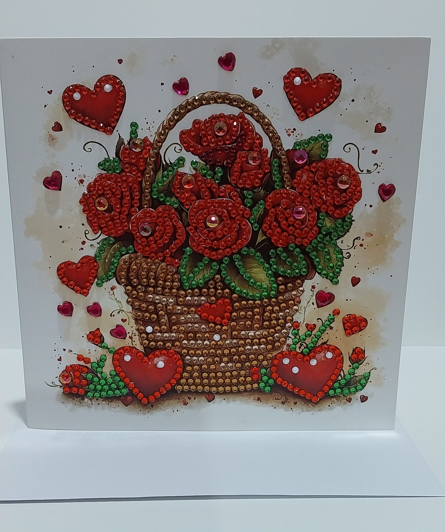 Red Roses in a Basket with Hearts Diamond Art Card