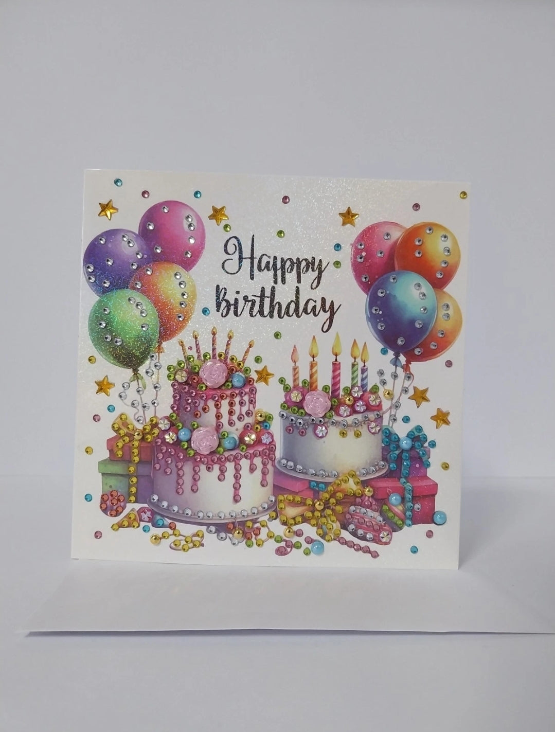 Happy Birthday Cakes & Balloons Handmade Completed 5D Sparkle Diamond Art Card