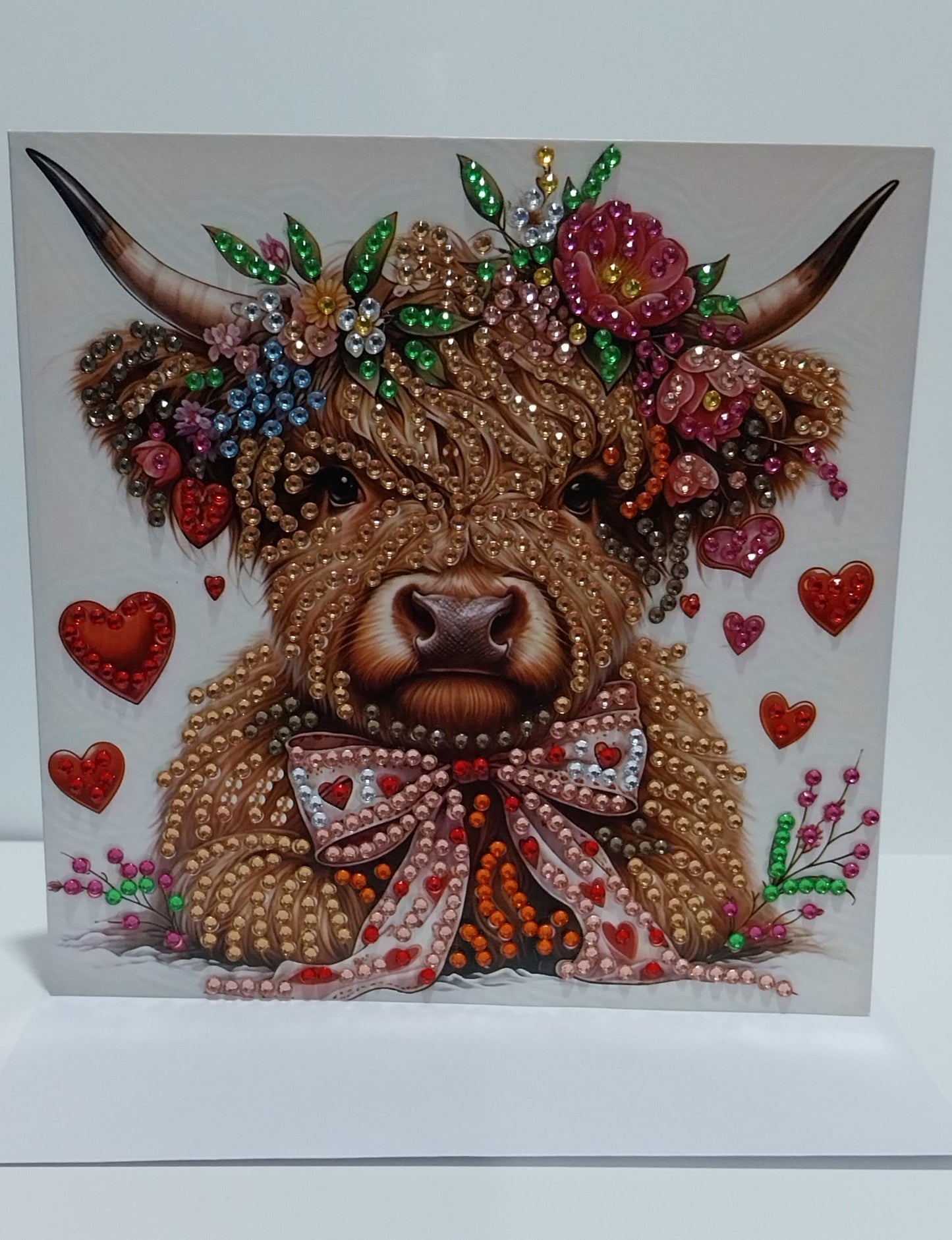 Highland Cow with Mini Hearts Bow Diamond Art Card