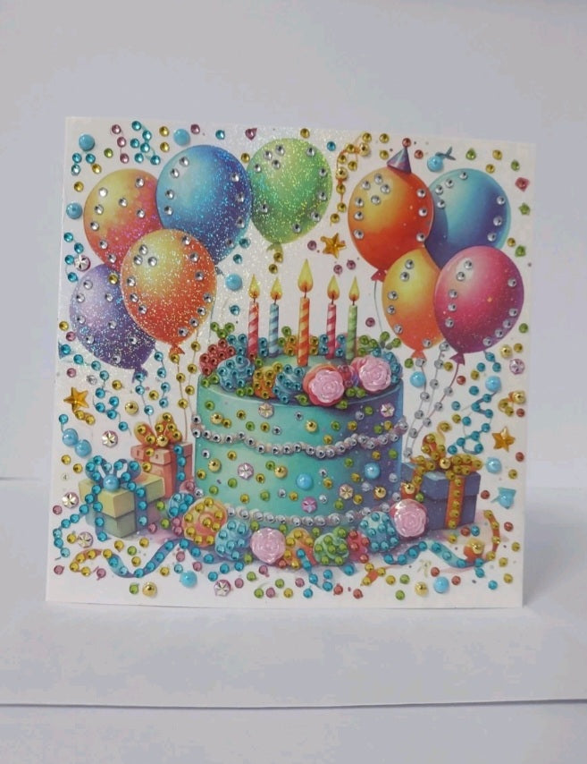 Happy Birthday Blue Cake Handmade Completed 5D Luxury Sparkle Diamond Art Card