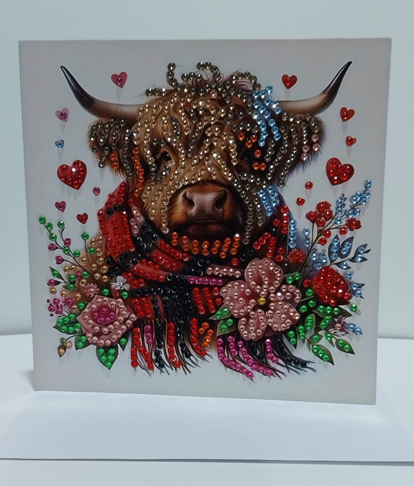 Highland Cow with a Red Scarf and Pink flowers Diamond Art Card
