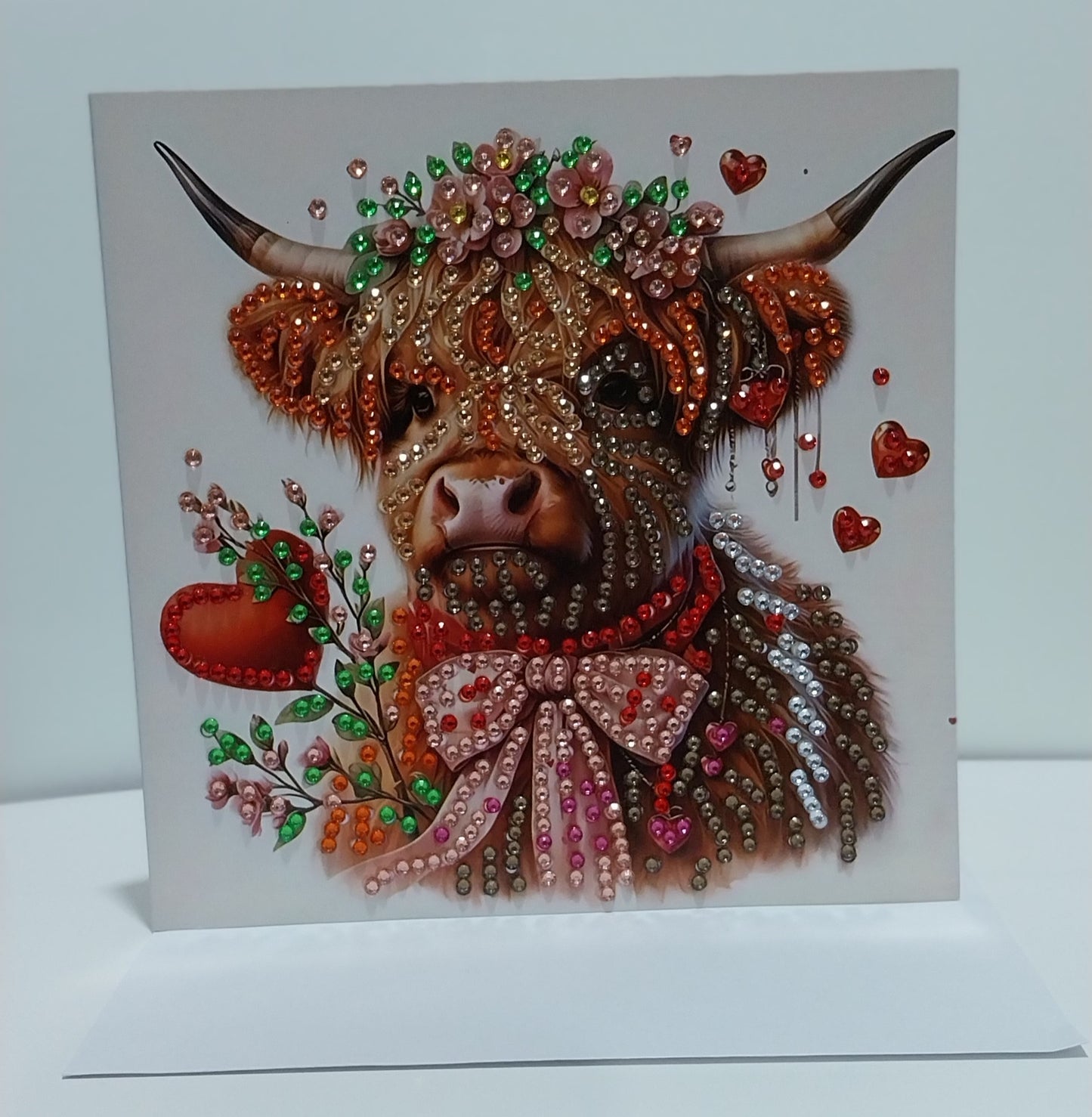 Highland Cow with a Pink Bow and a Red Heart Diamond Art Card