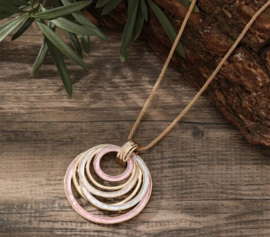 Pink KAMILLE Boho Enamel Hollow Round Pendant Necklace, Ladies Gift, Summer