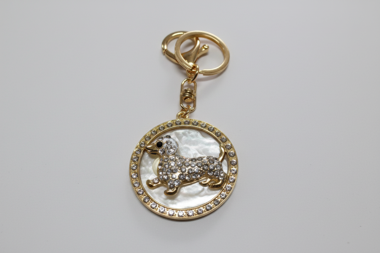 Dog In Circle Rhinestone Diamante Bag Charm Handbag Keychain Bling Gift Ladies