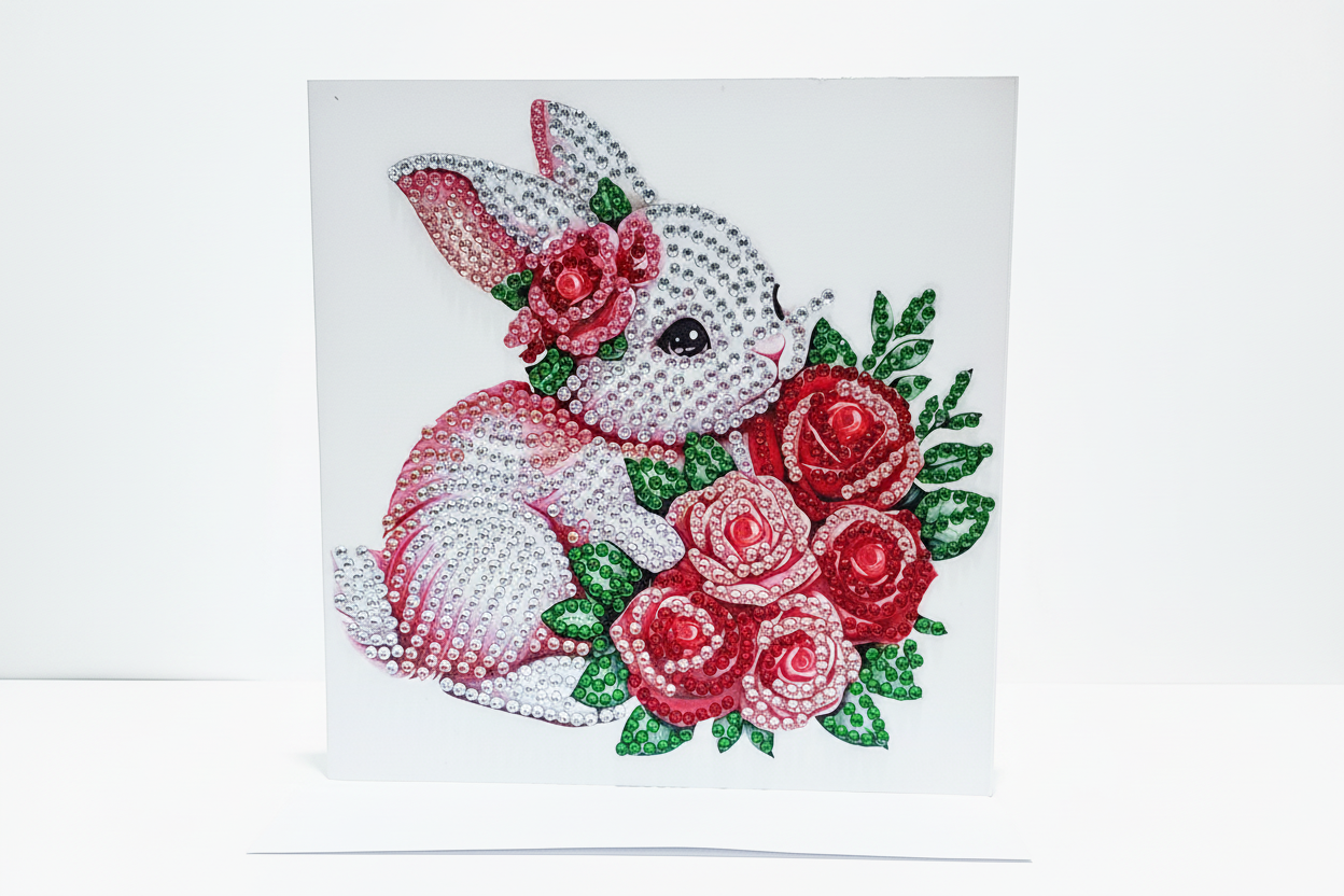 Bunny is holding Flowers Diamond Art Card