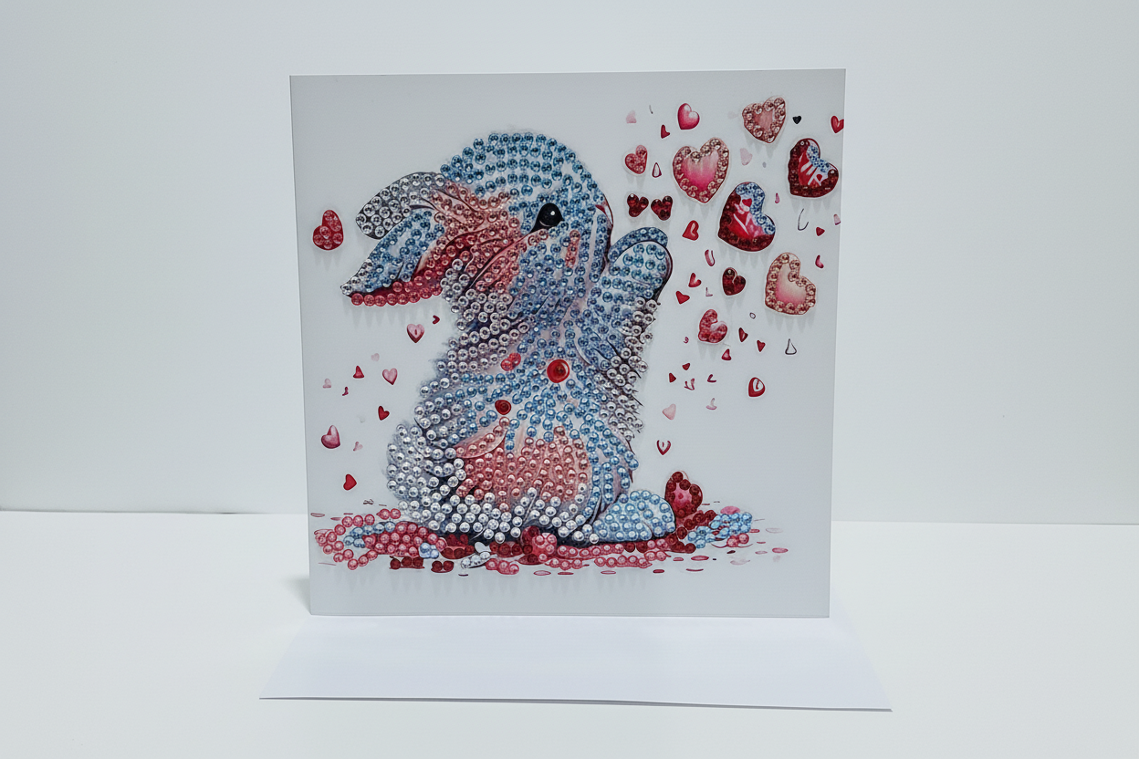 Bunny Chasing Hearts Diamond Art Card