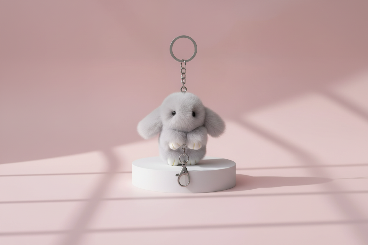 Mini Grey Fluffy Bunny Rabbit Key Ring & Bag Charm