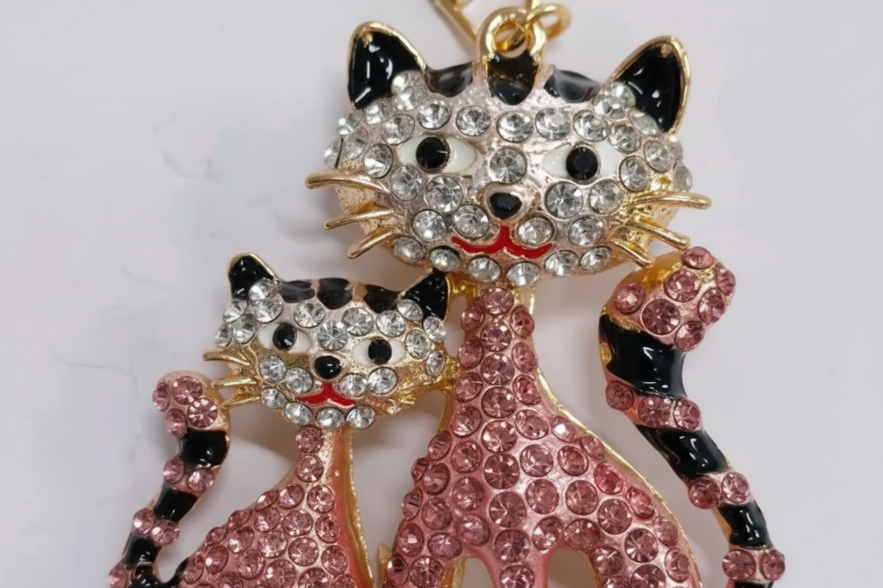 2 Pink Cats Rhinestone Diamante Bag Charm Handbag Keychain Bling Gift Ladies